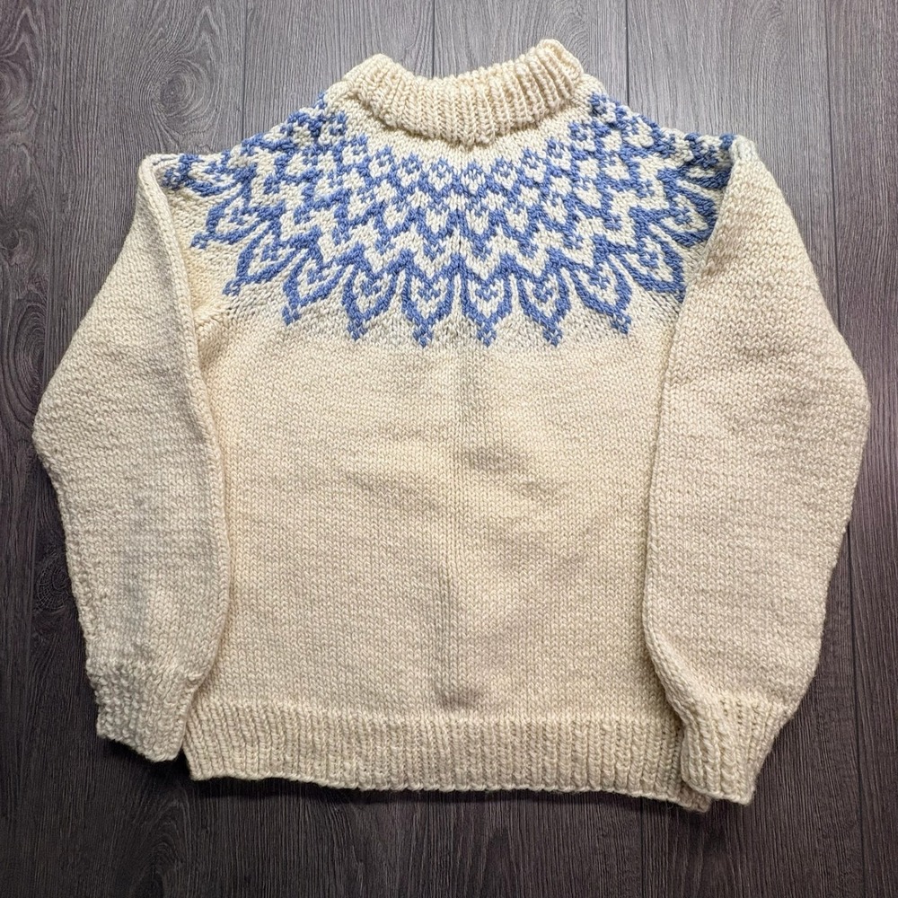 Vintage Hand Knit Wool Sweater Mens Blue Fair Isle Nordic Chunky Knit Cream